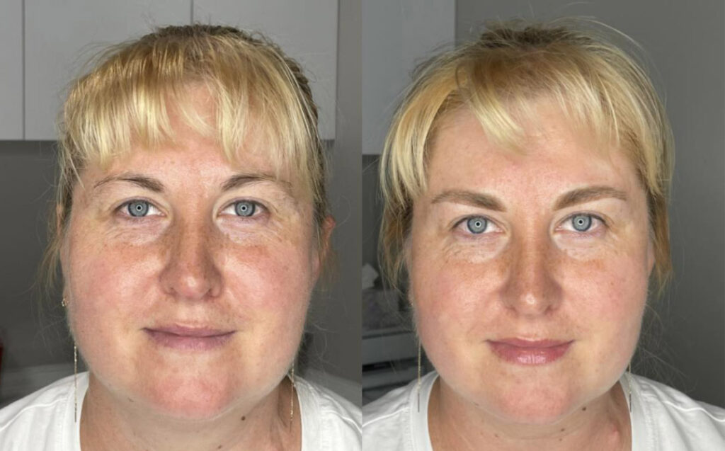 Before and after eyebrow threading Raleigh NC — natural brow shaping and definition by Dina PMUNC Studio.